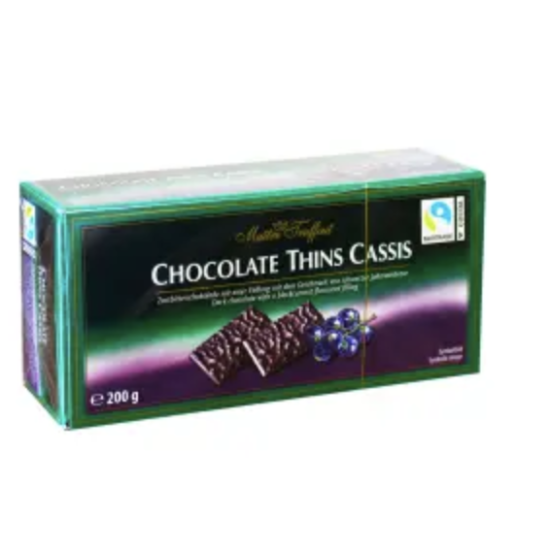 Цукерки шоколадні із начинкою зі смаком чорної смородини Maitre Truffout Chocolate Thins Cassis, 200 г