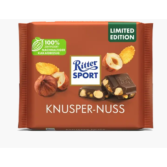 Молочный шоколад Ritter Sport Nut Selection с цельным фундуком и кукурузными хлопьями KNUSPER-NUSS 100 г