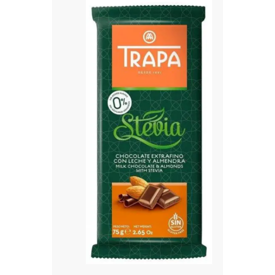 Шоколад TRAPA STEVIA молочный с миндалем, 75г