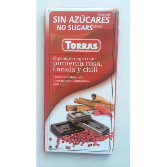 Шоколад чорний без цукру Torras з рожевим перцем, корицею та перцем Чилі 75 г 