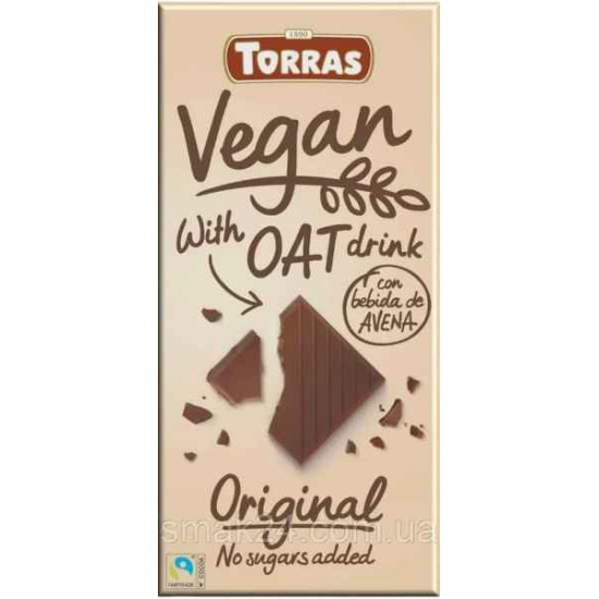 Шоколад чорний з екстрактом вівса БЕЗ ГЛЮТЕНУ БЕЗ ЦУКРУ Torras Vegan Original 100г Іспанія