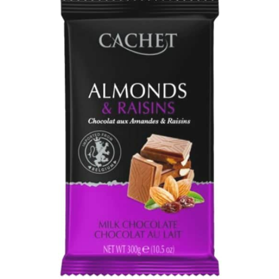 Шоколад CACHET (КАШЕТ) молочний 32% какао з мигдалем та родзинками 300г